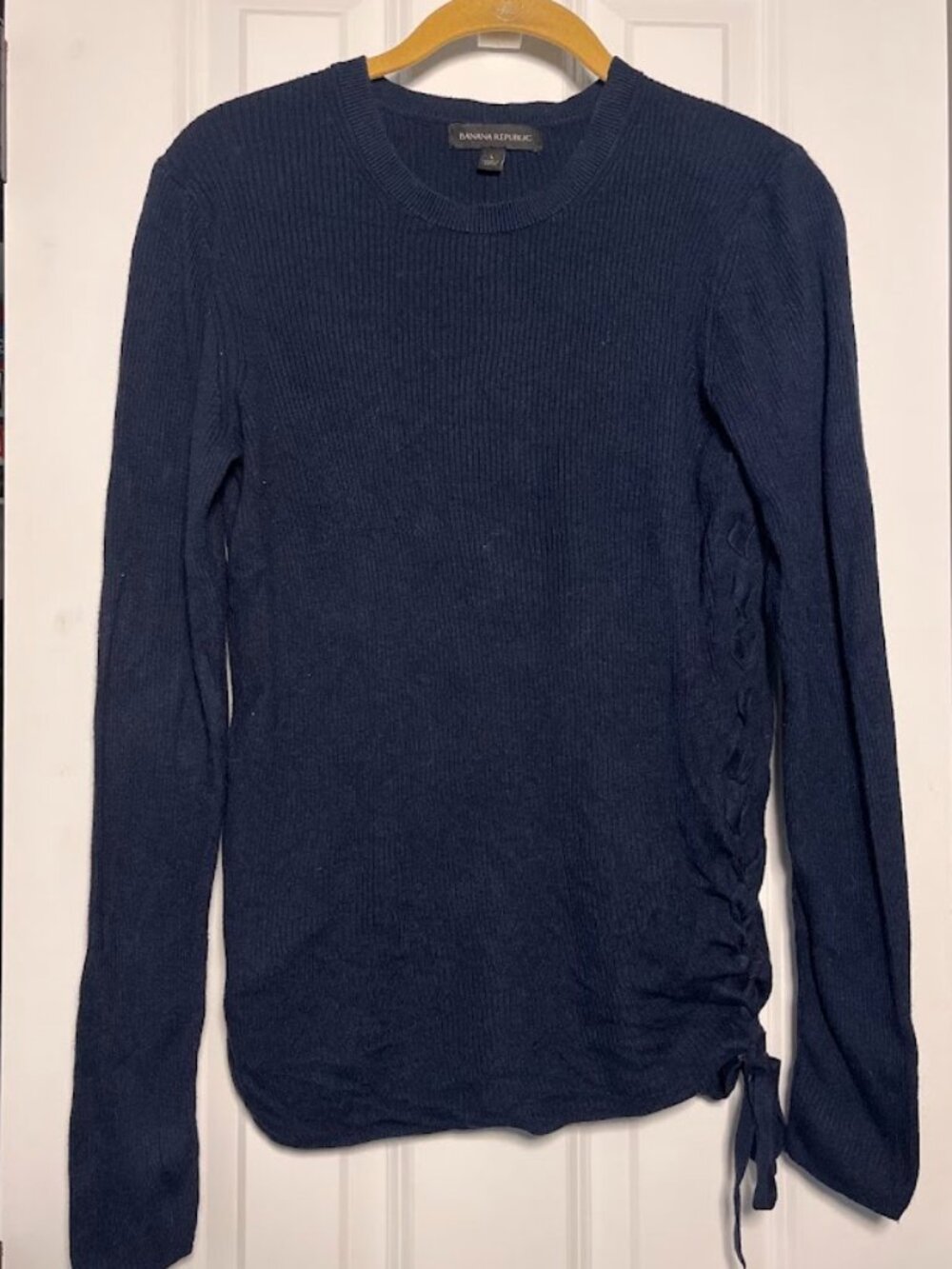 Banana Republic Navy Blue Ribbed Knit Side Lace-Up Tie Sweater Top Size Large